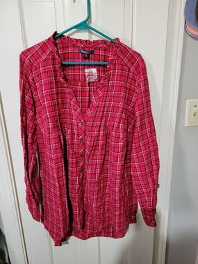 Roaman's Bright Red Plaid Ruffled Collar Shirt